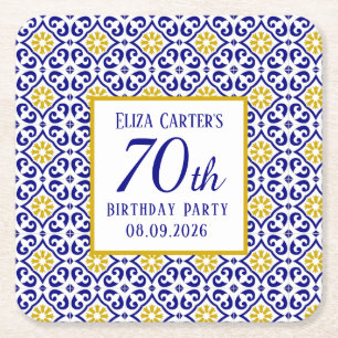 Porta-copo De Papel Quadrado Azulejos Portugueses Azuis Aniversário de 70 anos