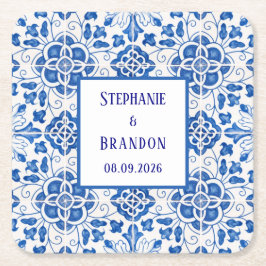 Porta-copo De Papel Quadrado Azulejos Portugueses Casamento Azul Mediterrâneo
