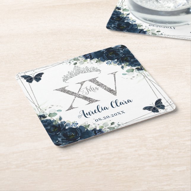 Porta-copo De Papel Quadrado Baby Blue Floral Butterflies Silver Quinceañera XV (Inclinado)