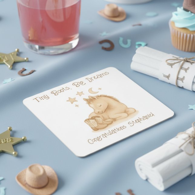 Porta-copo De Papel Quadrado Baby Foal Cowboy Boots Baby Shower (Western baby shower drink coaster)