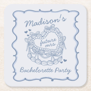 Porta-copo De Papel Quadrado Bachelorette de Bolo Retro Cardíaco com Arco Azul