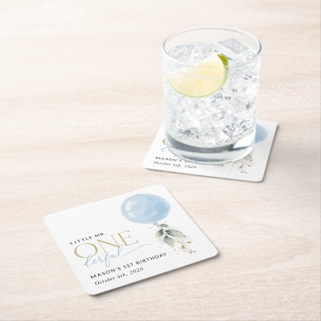 Porta-copo De Papel Quadrado Balão Azul, Eucalyptus, Verde, Primeiro Aniversári (Insitu)