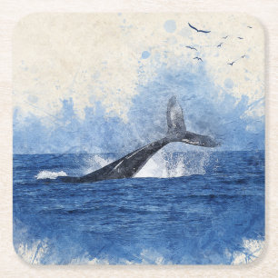 Porta-copo De Papel Quadrado Baleia em Aves do Mar em Presente de Arte à Distân