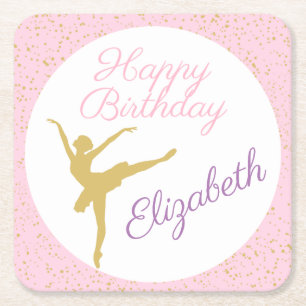 Porta-copo De Papel Quadrado Ballerina rosa e Dourada Aniversário