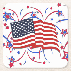 Porta-copo De Papel Quadrado Bandeira Americana e Fogos de Artifício