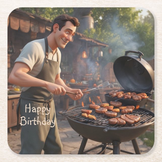 Porta-copo De Papel Quadrado Barbecue Man Birthday (Frente)