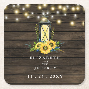 Porta-copo De Papel Quadrado Barn Wood String Luzes Sunflower Casamento