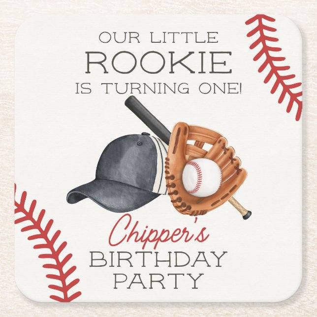 Porta-copo De Papel Quadrado Baseball Little Rookie em Casa no Aniversário (Frente)
