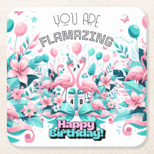 Porta-copo De Papel Quadrado Bases de Aniversário de Flamingo