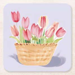 Porta-copo De Papel Quadrado Basket of Tulips | Floral Watercolor Painting
