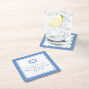 Porta-copo De Papel Quadrado Bat Mitzvah Party Light Blue Star de David