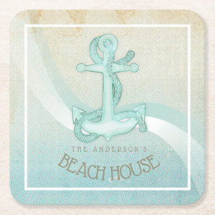 Porta-copo De Papel Quadrado Beach House Anchor Náutico e Corda Aqua ID623