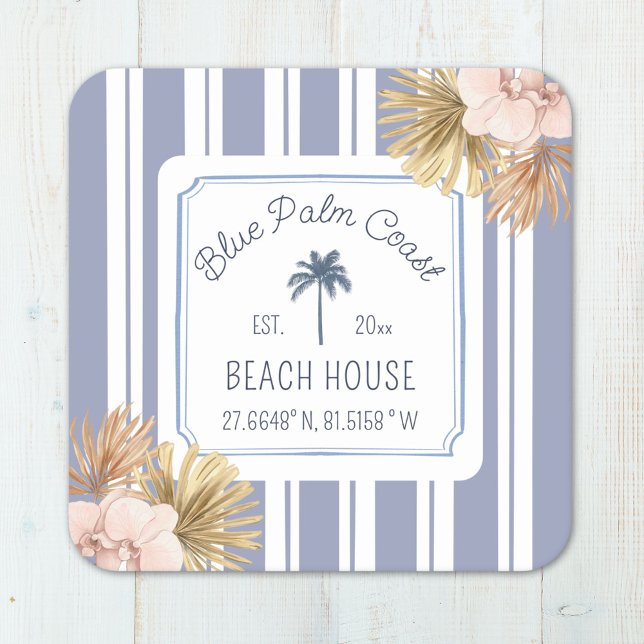 Porta-copo De Papel Quadrado Beach House Blue Stripes Coastal Boho Farmhouse (In situ)
