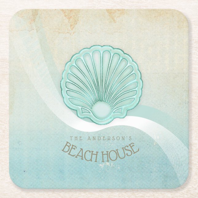 Porta-copo De Papel Quadrado Beach House Clam Shell Aqua Blue ID623 (Frente)