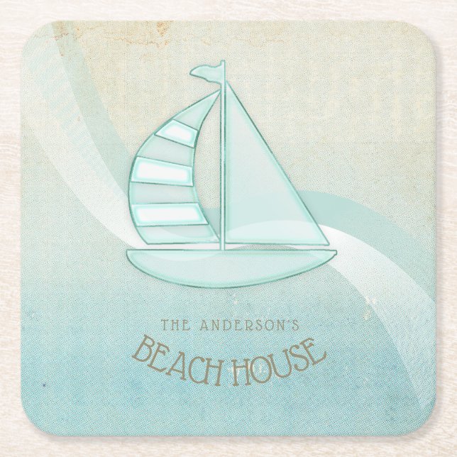 Porta-copo De Papel Quadrado Beach House NMaritime boat Aqua Blue ID623 (Frente)
