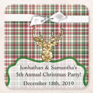 Porta-copo De Papel Quadrado Beba Coasters Dourado, Reindeer Glitter Xadrez Buc