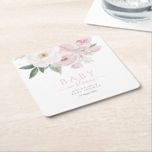Porta-copo De Papel Quadrado bebê em chá de fraldas floral cor-de-rosa
