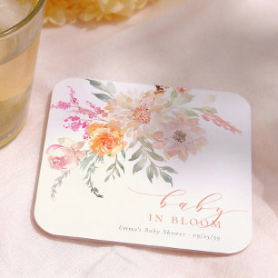 Porta-copo De Papel Quadrado Bebê em Flor Rosa Bege Floral Menina Chá de Bebê
