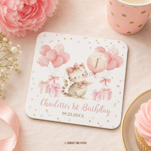 Porta-copo De Papel Quadrado Bebê Gatinho Gato Balões Rosa Aniversário 1º 2º 3º