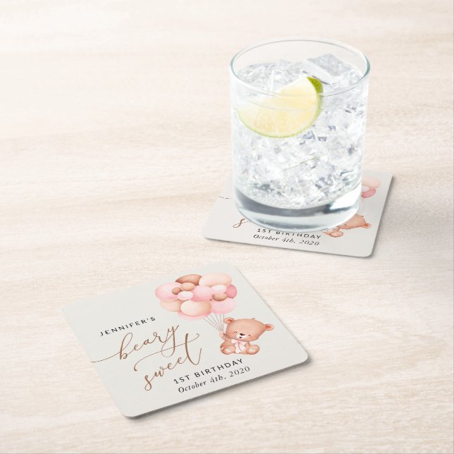 Porta-copo De Papel Quadrado Bebê Urso, Balões Rosa, Primeiro Aniversário (Insitu)