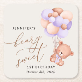 Porta-copo De Papel Quadrado Bebê Urso, Balões Roxos, Primeiro Aniversário