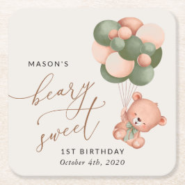 Porta-copo De Papel Quadrado Bebê Urso, Balões Verdes, Primeiro Aniversário
