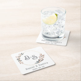 Porta-copo De Papel Quadrado Bege e Azul Floral Nome Personalizado Elegante