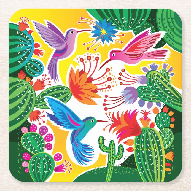 Porta-copo De Papel Quadrado Beija-flores e Cactos Floridos (Frente)