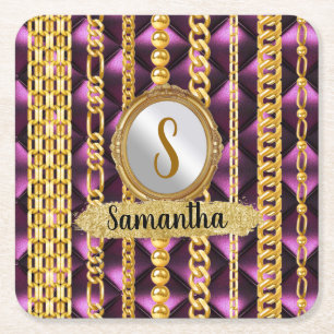 Porta-copo De Papel Quadrado Bela Veludo Roxo Dourado Monograma Chic Elegante