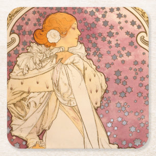 Porta-copo De Papel Quadrado Beleza da Mulher Mucha Art Nouveau