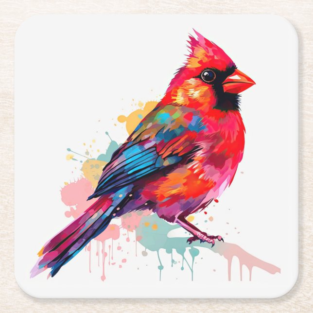 Porta-copo De Papel Quadrado Belo desenho de aquarela cardinal vermelho (Frente)