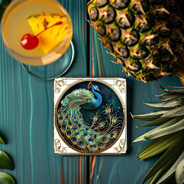 Porta-copo De Papel Quadrado Belo Pavão Azul Dourado Turquesa Art Déco  