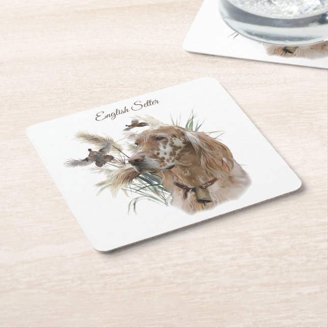 Porta-copo De Papel Quadrado Belo setter com faisões, arte (Inclinado)