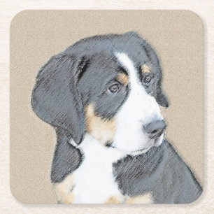Porta-copo De Papel Quadrado Bernese Mountain Dog Puppy Painting - Arte Origina