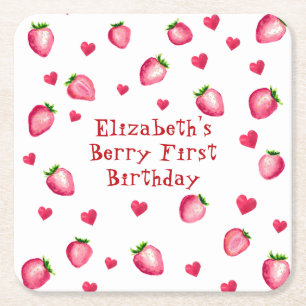 Porta-copo De Papel Quadrado Berry First Festa de aniversário Strawberry Hearts