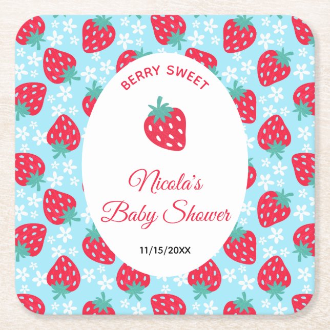Porta-copo De Papel Quadrado Berry Sweet Blue Strawberry Baby Shower (Frente)