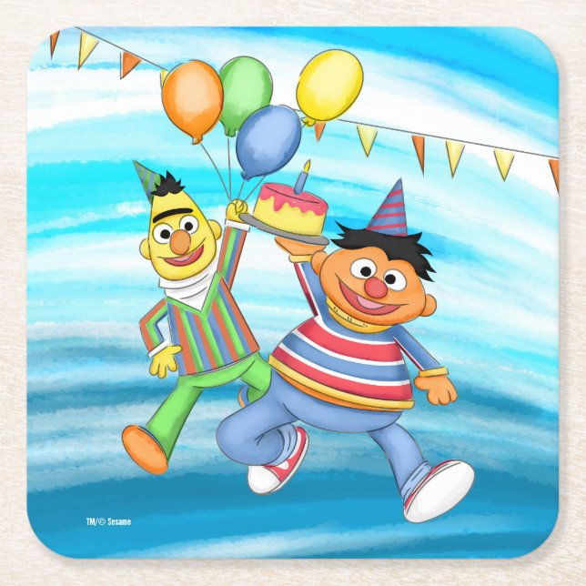 Porta-copo De Papel Quadrado Bert e Ernie Birthday Balloons (Frente)