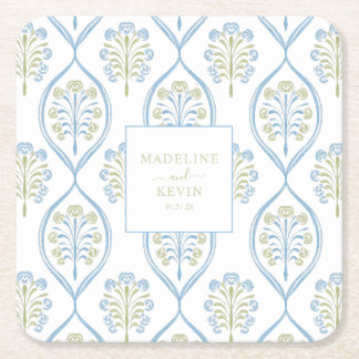 Porta-copo De Papel Quadrado Bespoke Blue and Green Floral Wedding Pattern