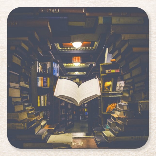 Porta-copo De Papel Quadrado Biblioteca Livros Prateleiras Abrir Livro Lido (Frente)