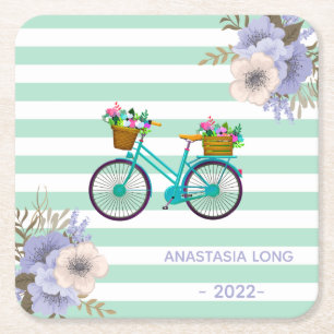 Porta-copo De Papel Quadrado Bicicletas de Flores Azuis Modernas