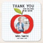 Porta-copo De Papel Quadrado Big Red Apple Teacher Thank You Photo Square Paper<br><div class="desc">Say a heartfelt thank you to a special teacher with this personalised square paper coaster! Featuring a bold red apple design, a warm “Thank You” message, and your child’s photo, this coaster is both practical and sentimental. Perfect for the classroom, home, or desk, it’s a small gift with a big...</div>