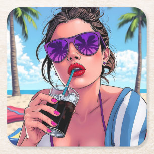 Porta-copo De Papel Quadrado Bikini roxo, óculos de sol e mulher Bandana