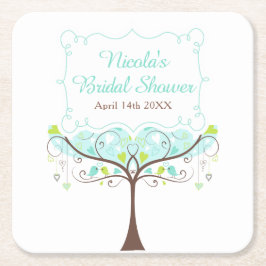 Porta-copo De Papel Quadrado Birds Hearts Tree Blue and Green Bridal Shower