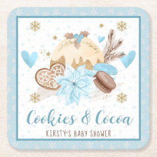 Porta-copo De Papel Quadrado Biscoitos de Inverno Azul e Chá de Bebê com Cacau
