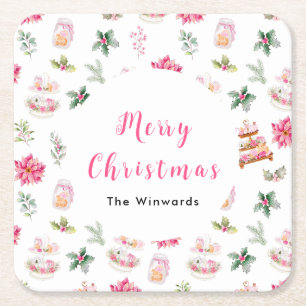Porta-copo De Papel Quadrado Biscoitos de Natal e Folhagem Rosa