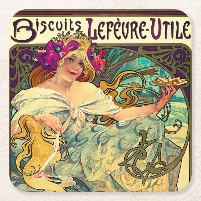 Porta-copo De Papel Quadrado Biscoitos Lefevre-Utile por Alphonse Mucha (1896) (Frente)