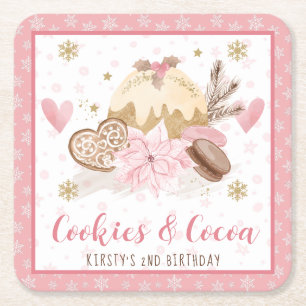 Porta-copo De Papel Quadrado Biscoitos Rosa e Cacau 2º Aniversário