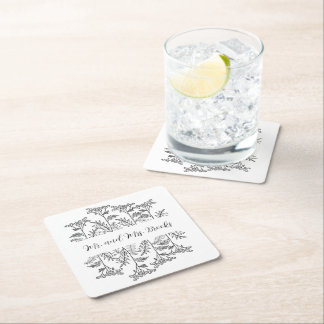 Porta-copo De Papel Quadrado Black and White Personalized Floral Paper Coaster