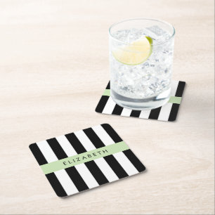 Porta-copo De Papel Quadrado Black and White Stripes, Stripes, Linhas, Seu Nome