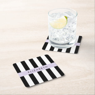 Porta-copo De Papel Quadrado Black and White Stripes, Stripes, Linhas, Seu Nome